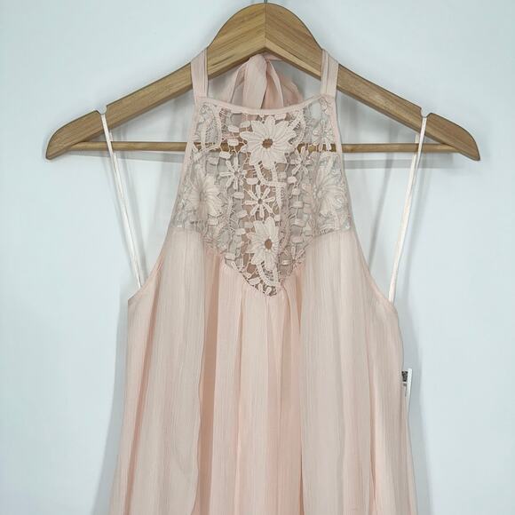 ZARA Chiffon Halter Maxi Dress Lace Crochet Grecian, Pale Pink NWOT - Picture 7 of 11